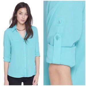 Express Portofino shirt long sleeves roll tabs collar button front silky teal